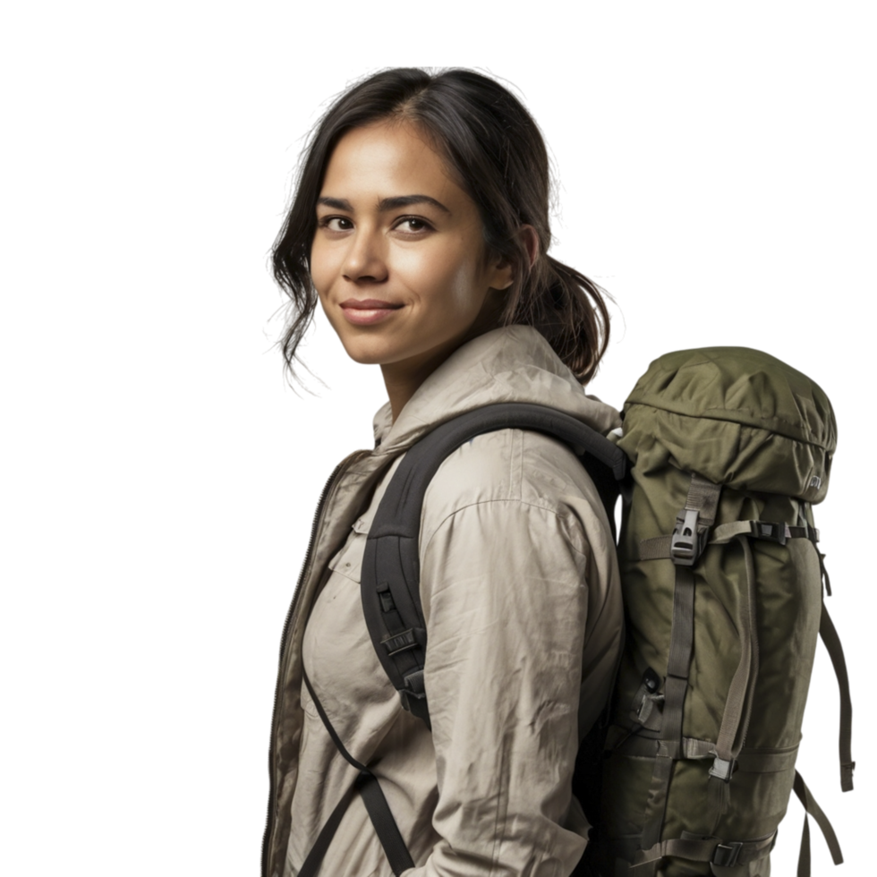 A woman with a backpack standing in front of a black background png