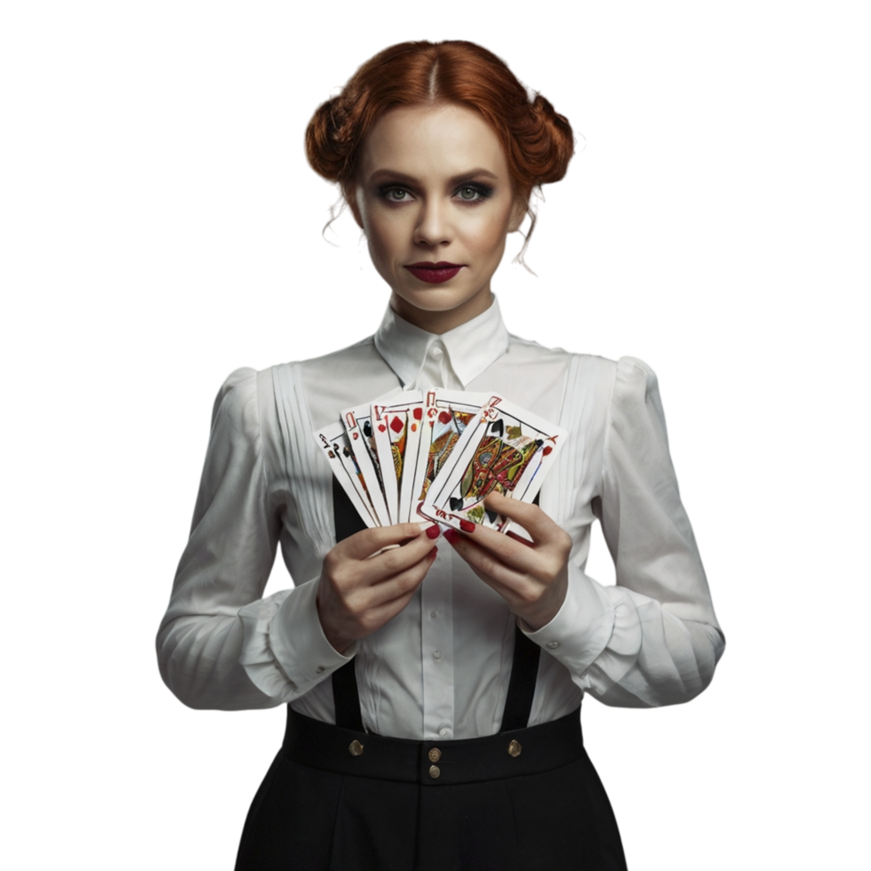 A woman in a white shirt and bow tie holding four cards png