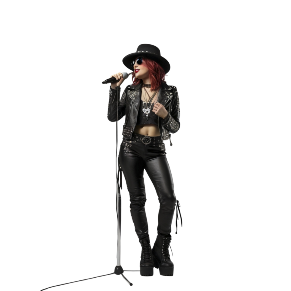 A woman in leather pants and a hat is singing png