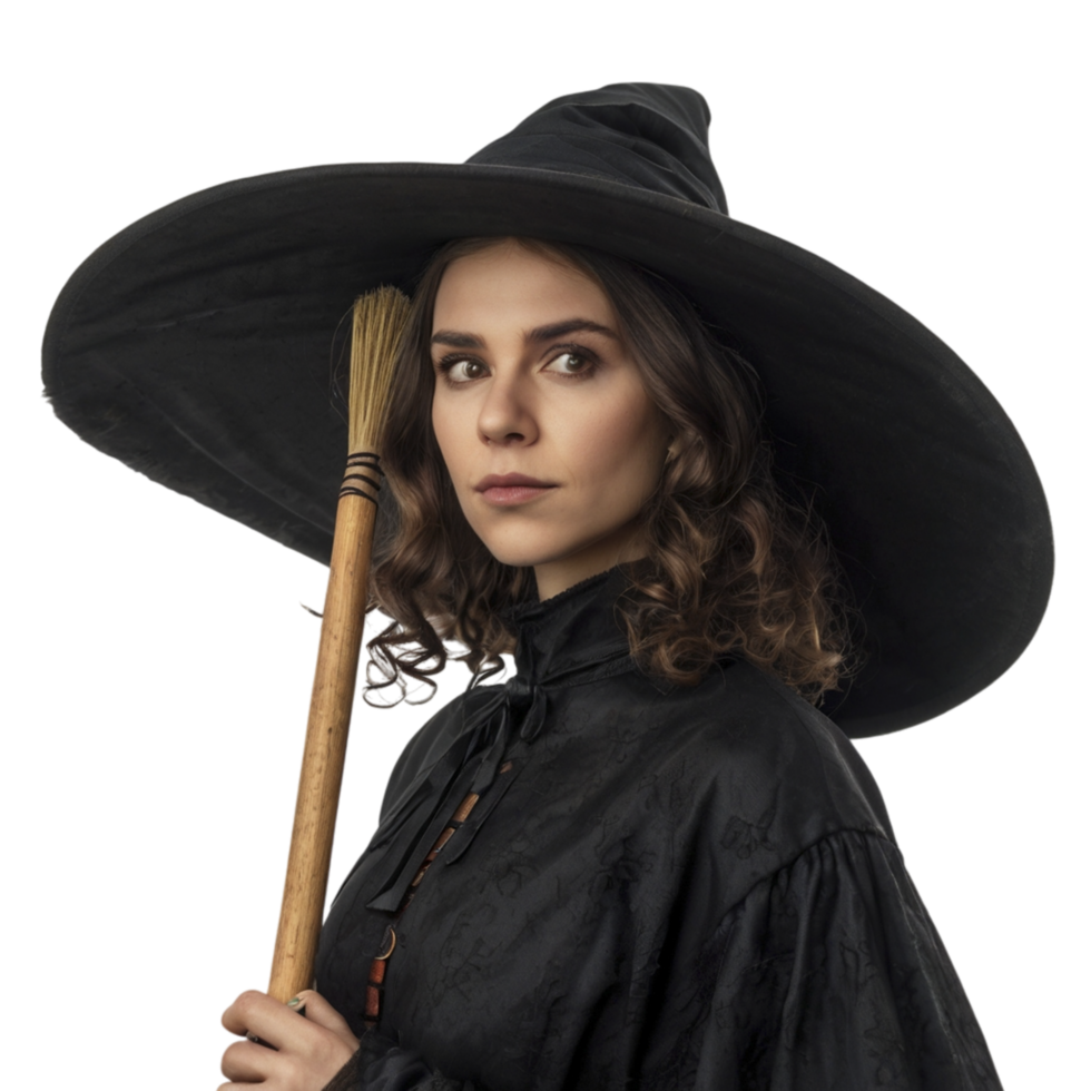 A woman in a black witch costume holding a broom png