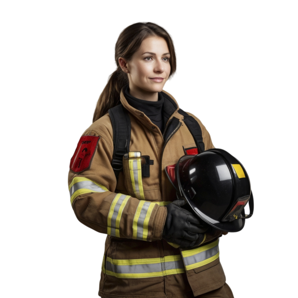 A woman in a firefighter uniform holding a helmet png