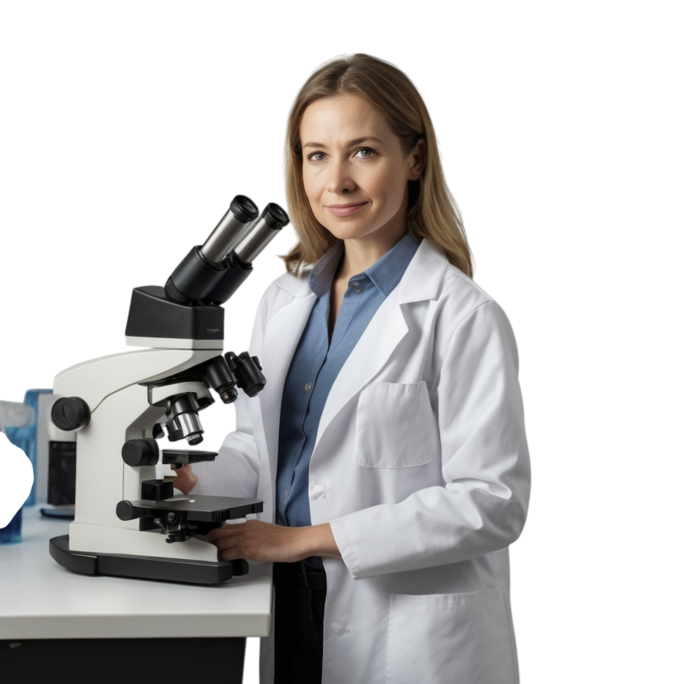 A woman in a lab coat is holding a microscope png