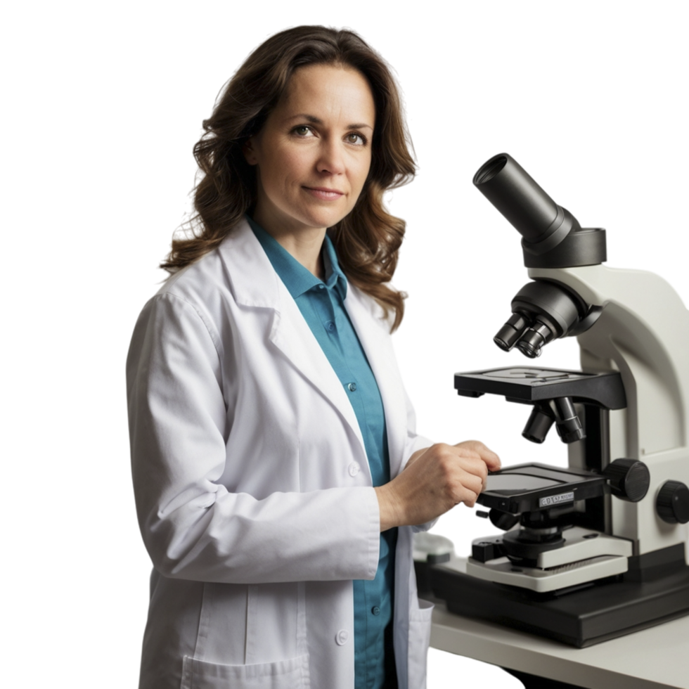 A woman in a lab coat is standing in front of a microscope png