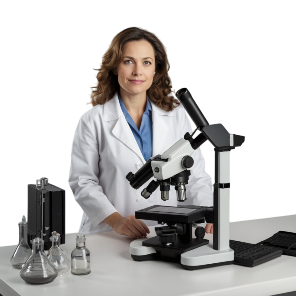 A woman in a lab coat is standing in front of a microscope png