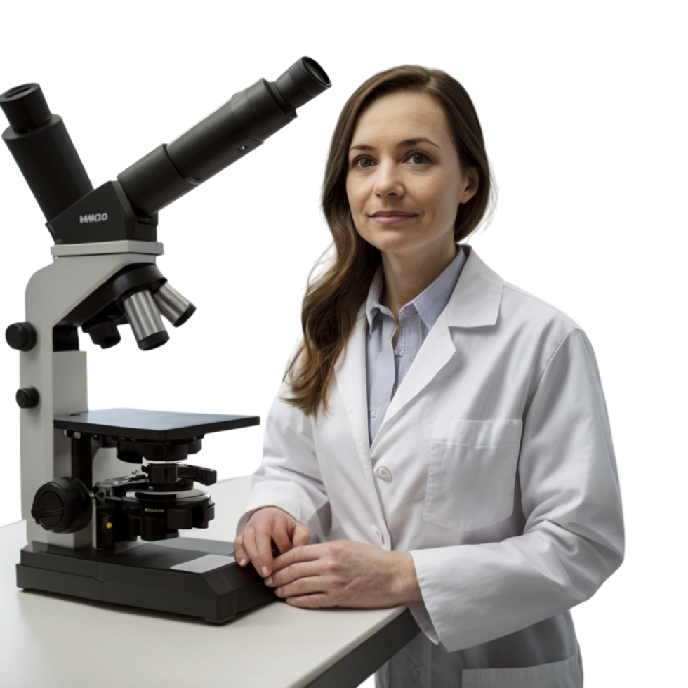 A woman in a lab coat standing in front of a microscope png
