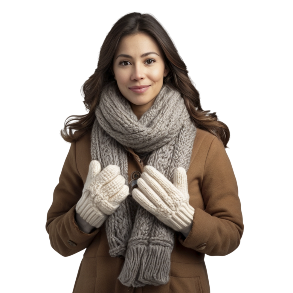A woman wearing a scarf and gloves png