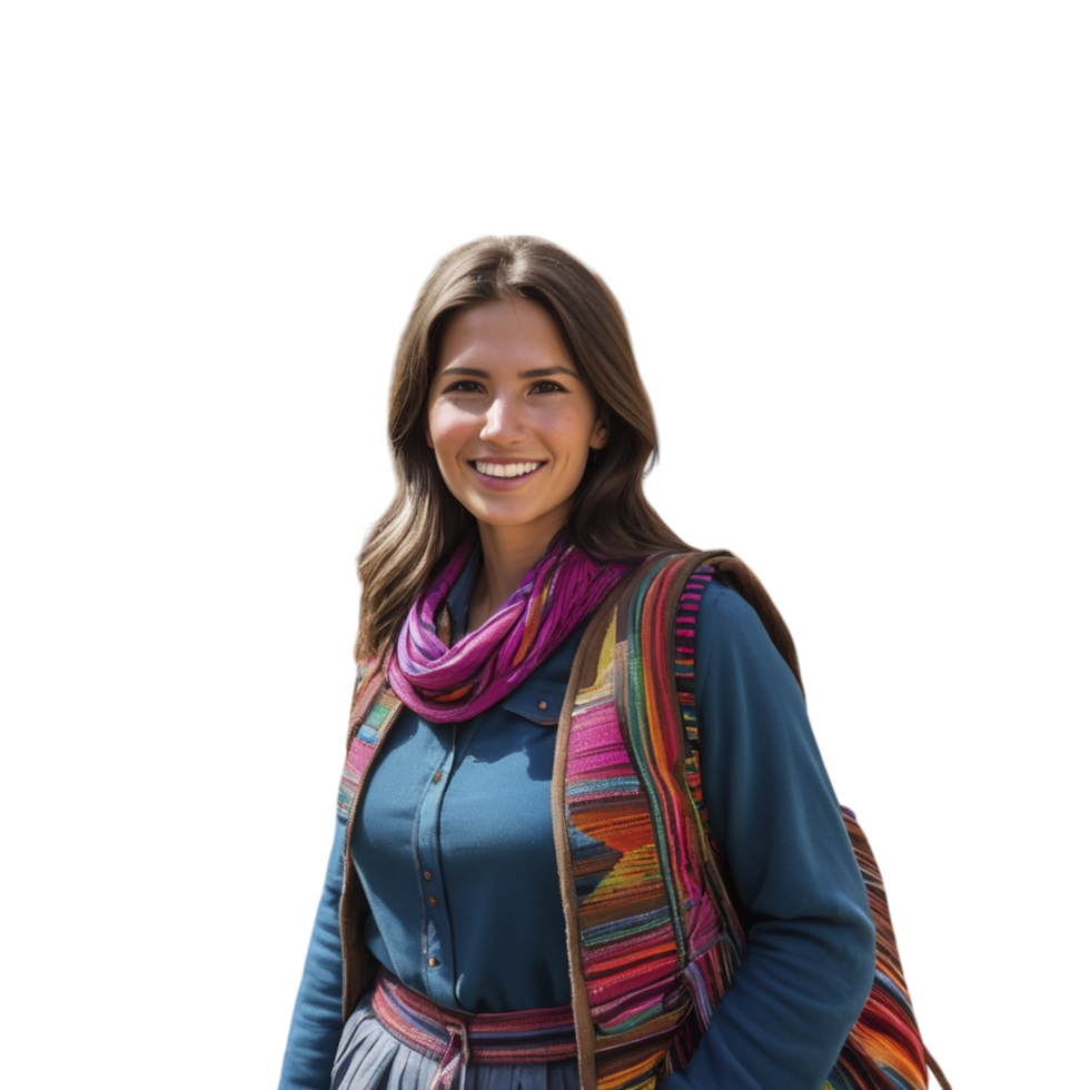 A woman in a colorful vest and scarf png