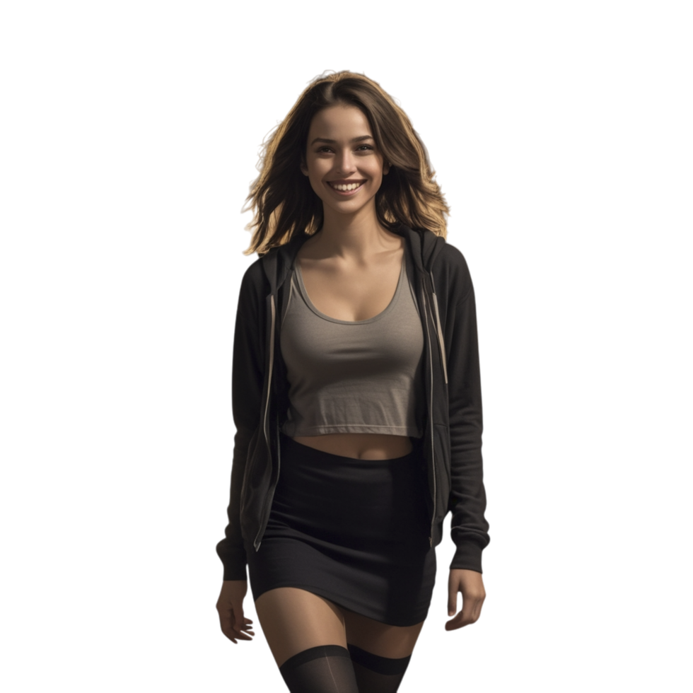 A woman in a black skirt and top standing png
