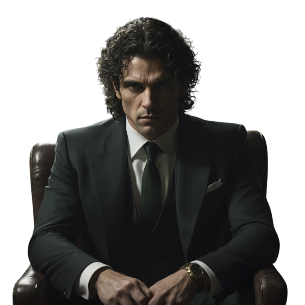 A man in a suit sitting in a chair png