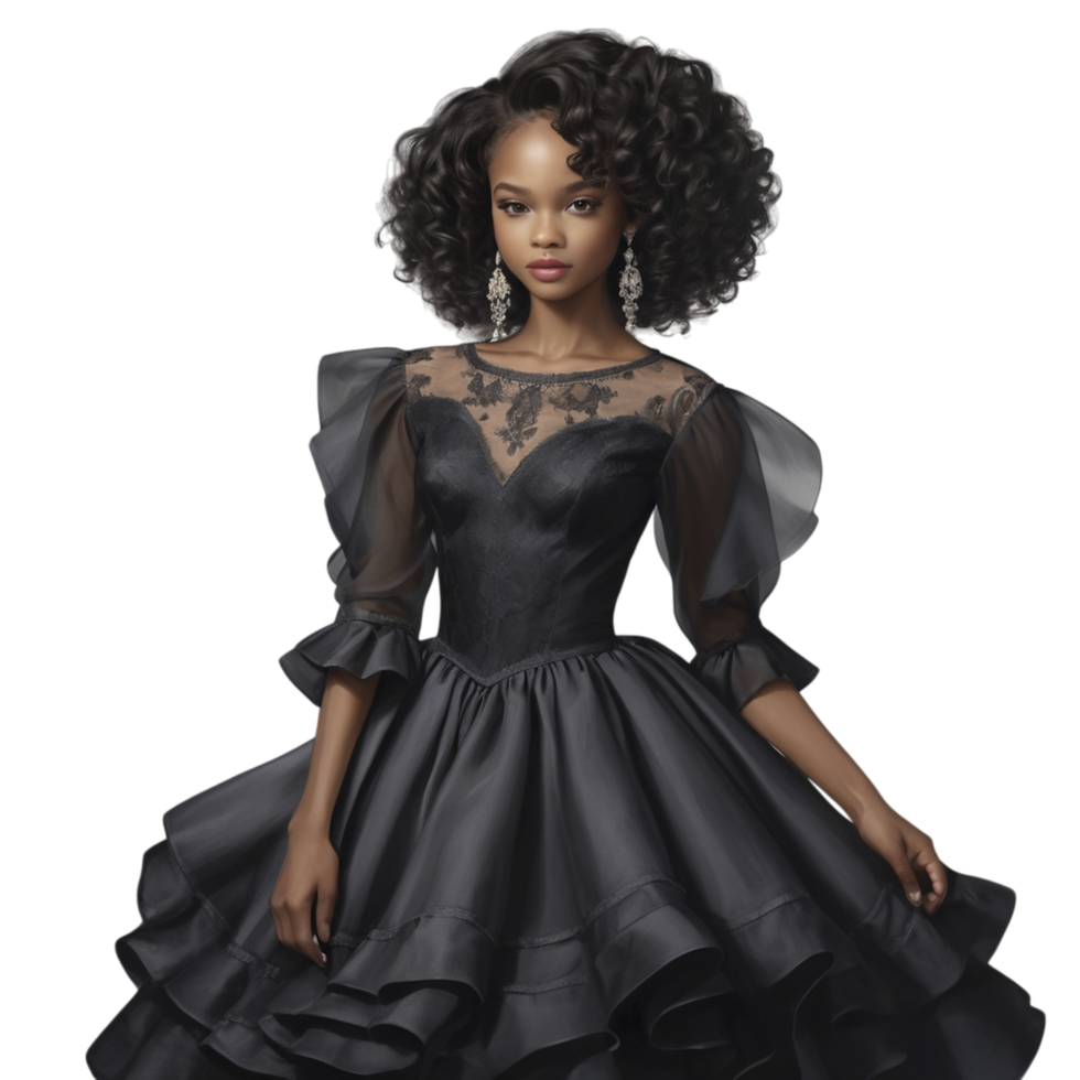 The black ball gown is designed with a ruffled skirt and a sheer top png