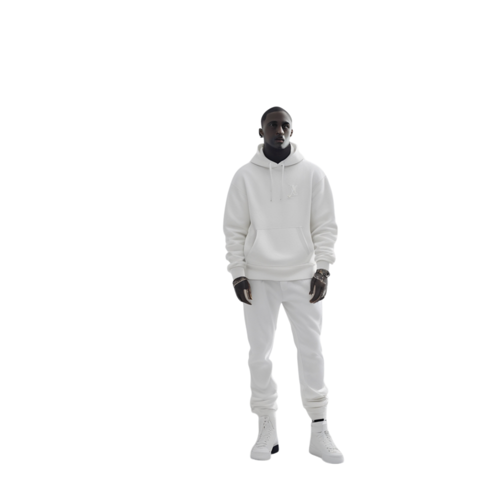 A man in white clothes standing in front of a black background png