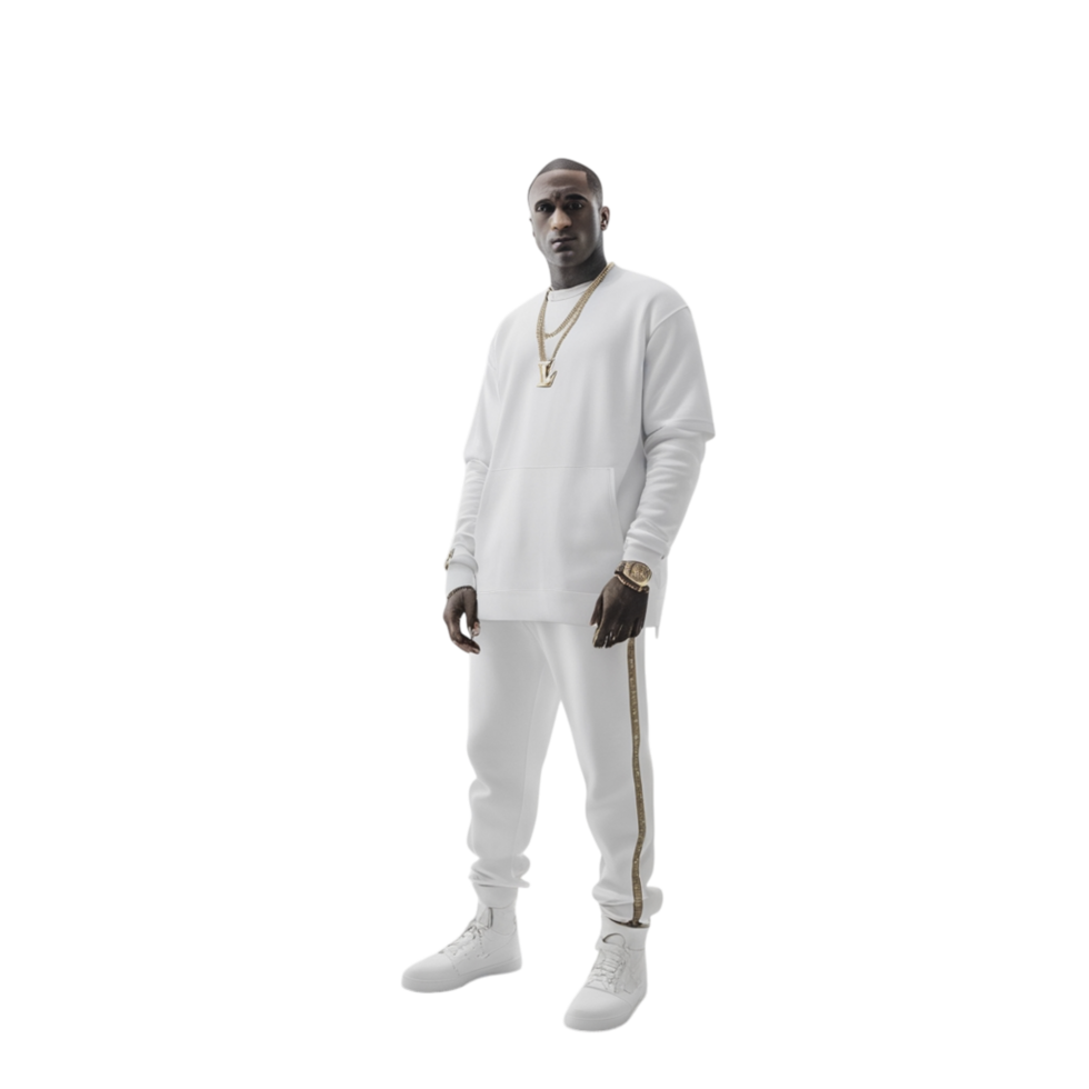 A man in white clothes standing in front of a black background png