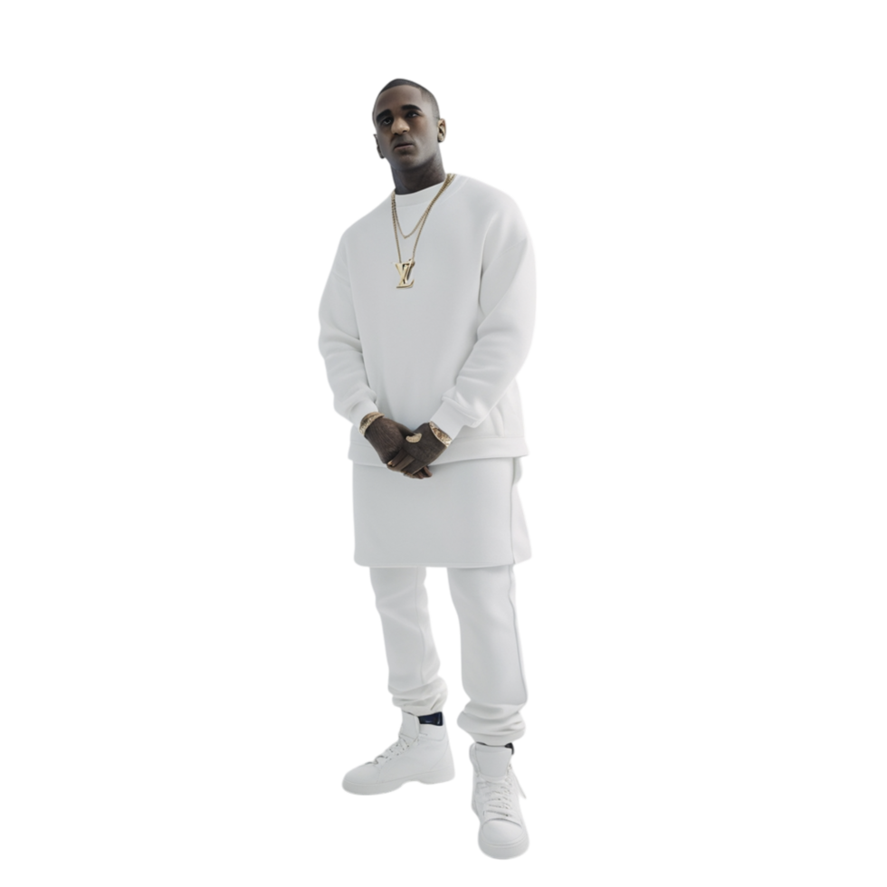 A man in white clothes standing on a black background png