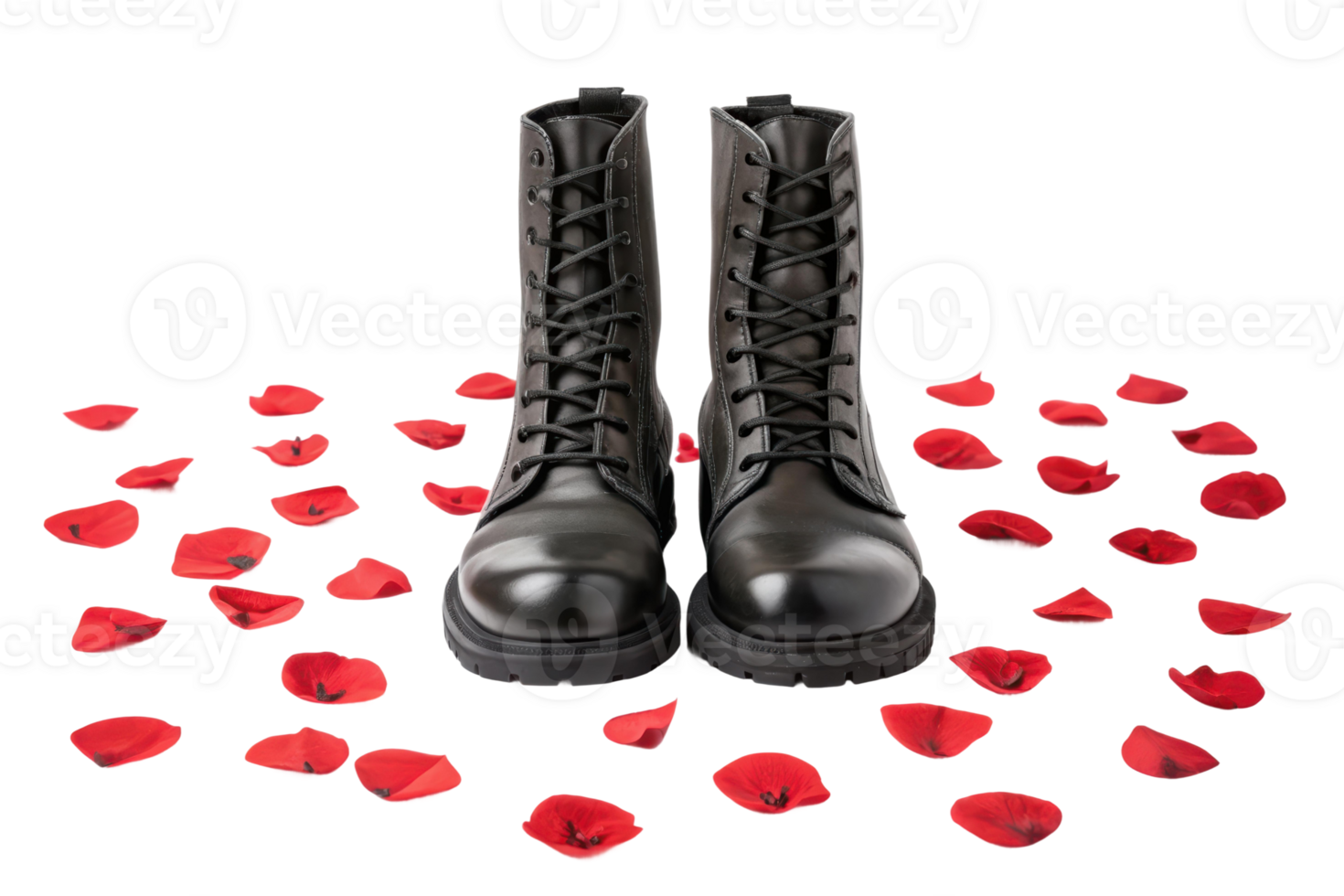Black boots surrounded by red rose petals png