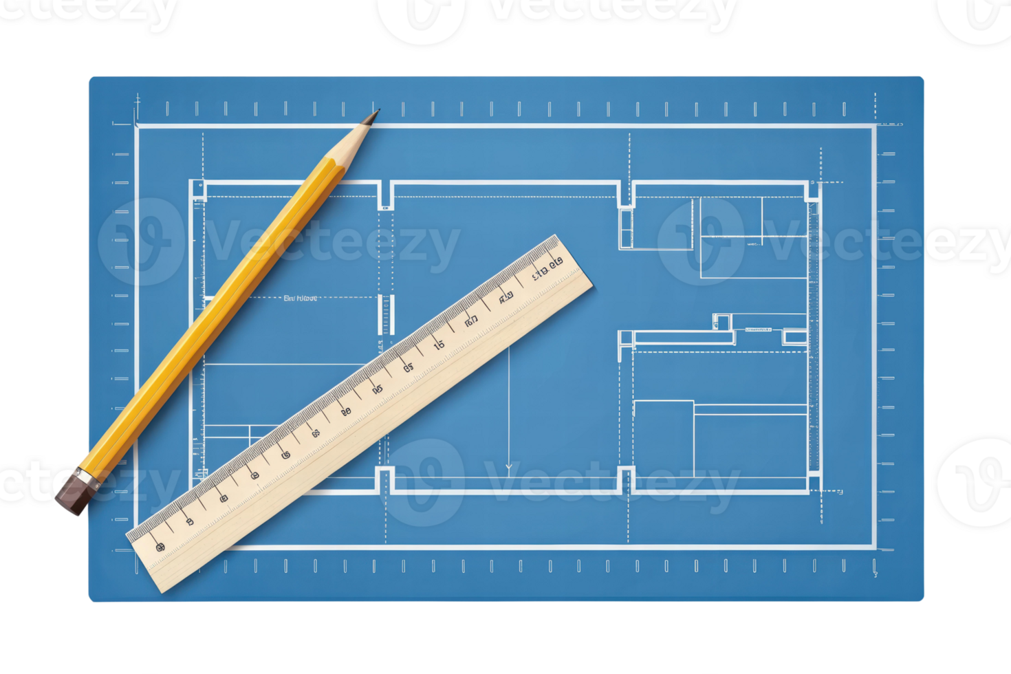 Detailed blueprint with measuring tools on mat png