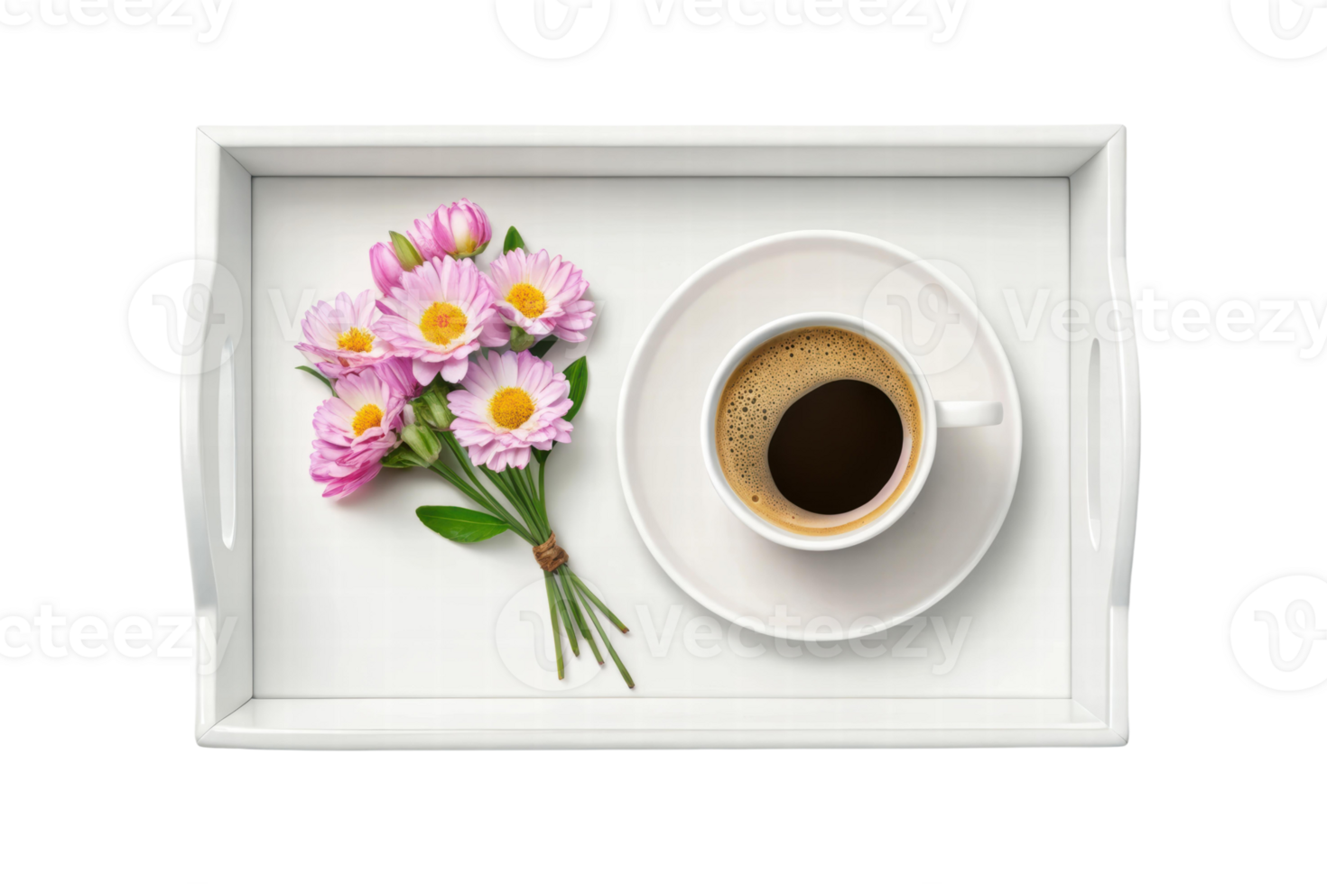 Cozy coffee and flowers on a white tray png