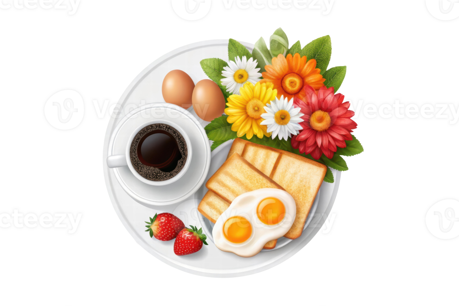 Eggs, toast, strawberries, and coffee png