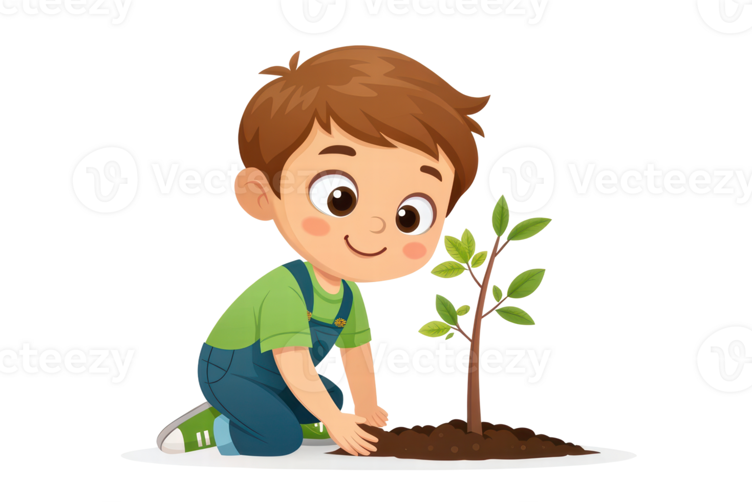 Child planting a young tree with joy in the garden png
