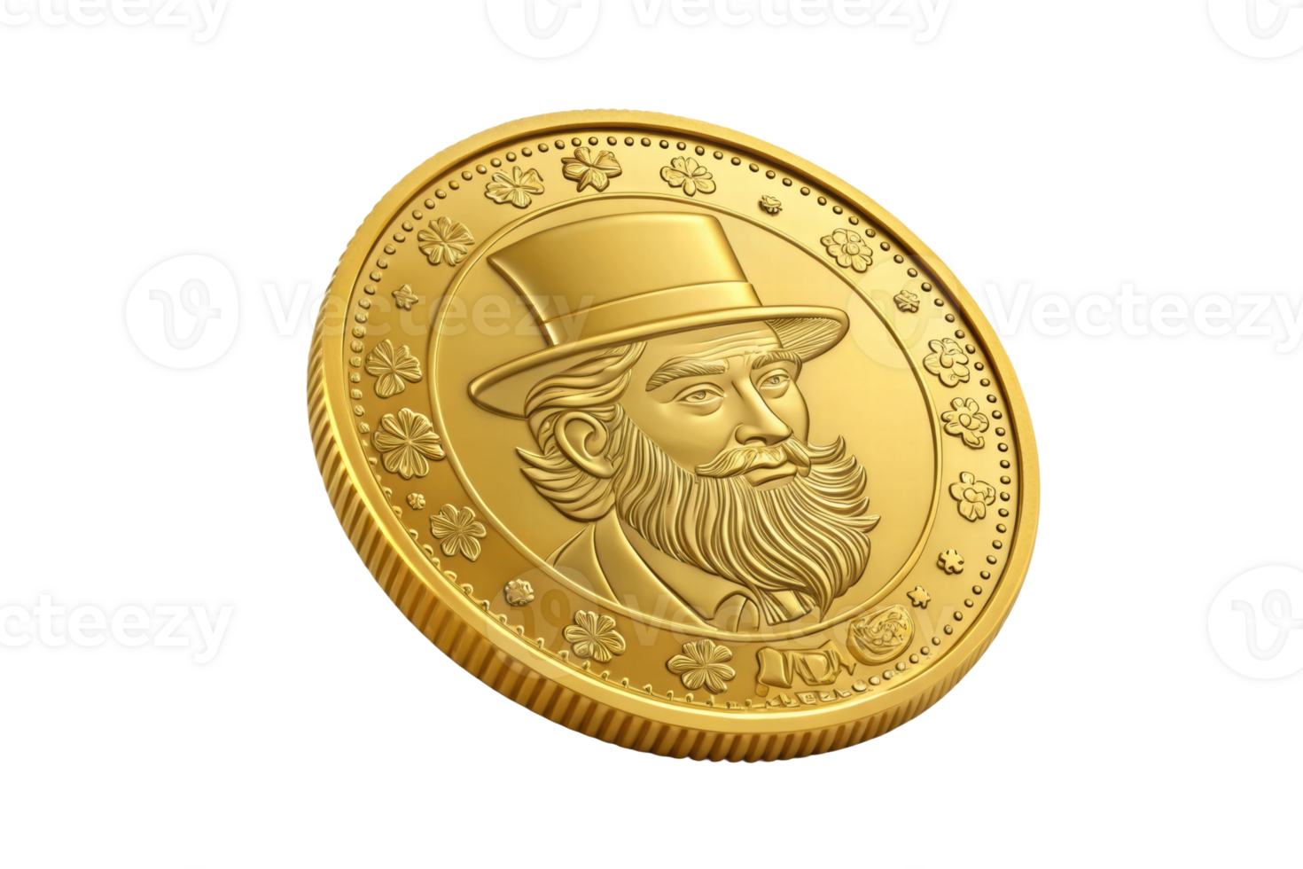 Shiny gold coin featuring a bearded man in a hat png