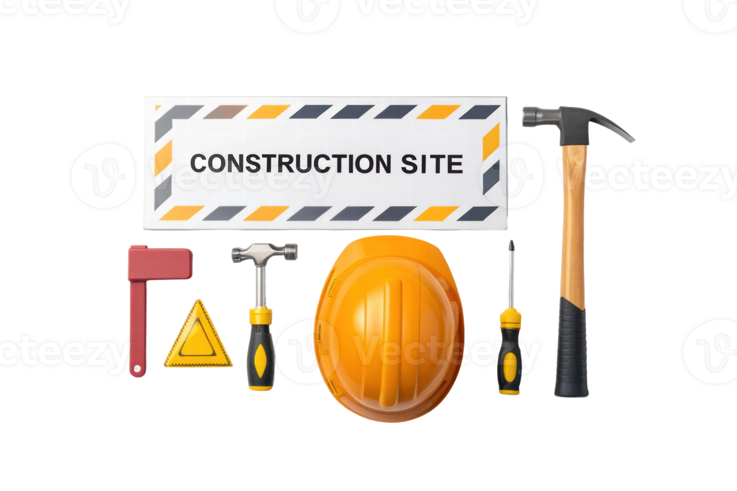 Construction site tools and safety gear displayed png
