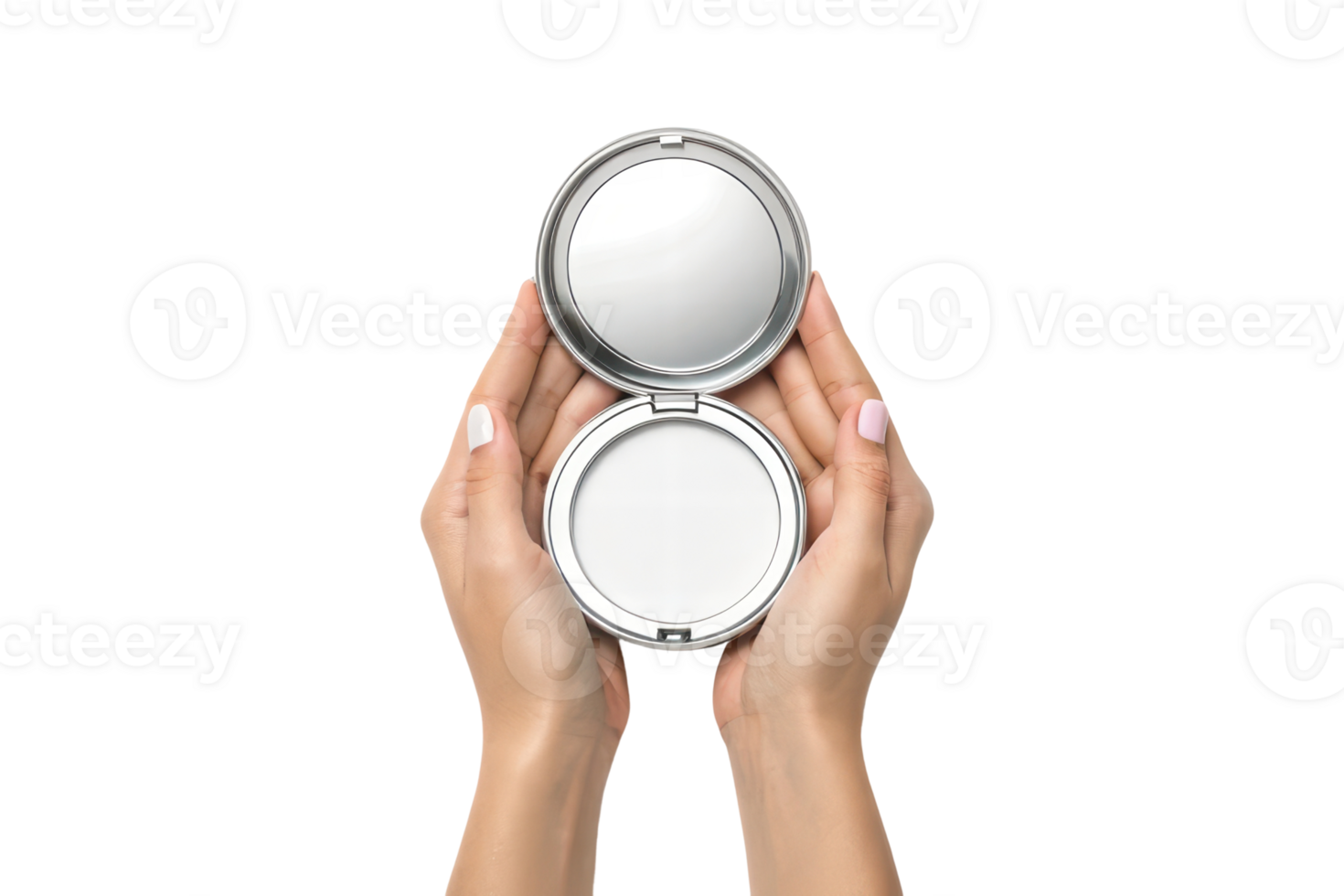 Hands hold a shiny compact mirror png