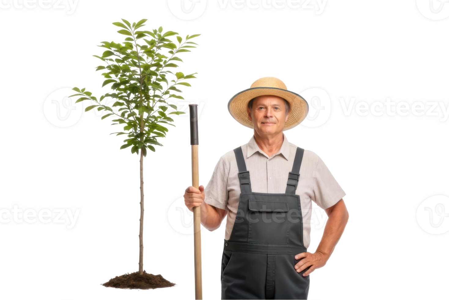 Gardener with a shovel by a young tree png