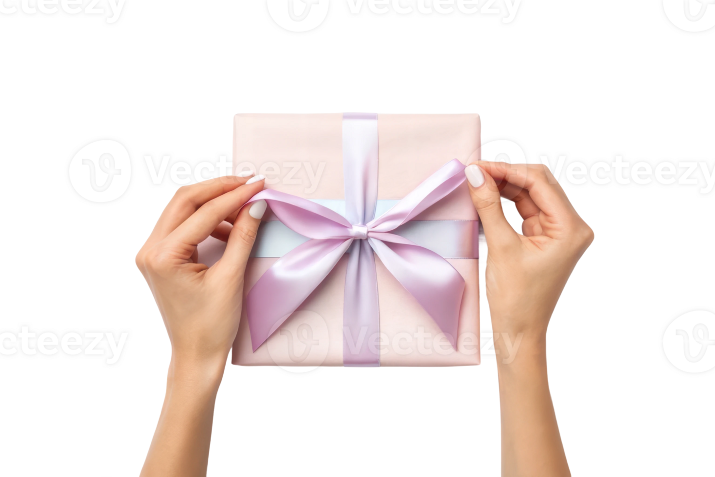 Hands carefully tying a ribbon on a gift box png
