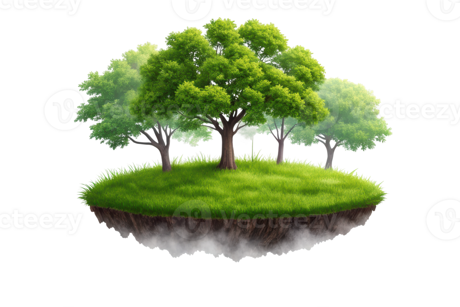 Floating green island with trees in serene space png