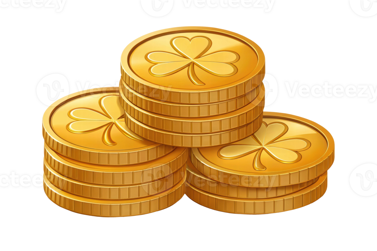Stacks of gold coins with clover design png