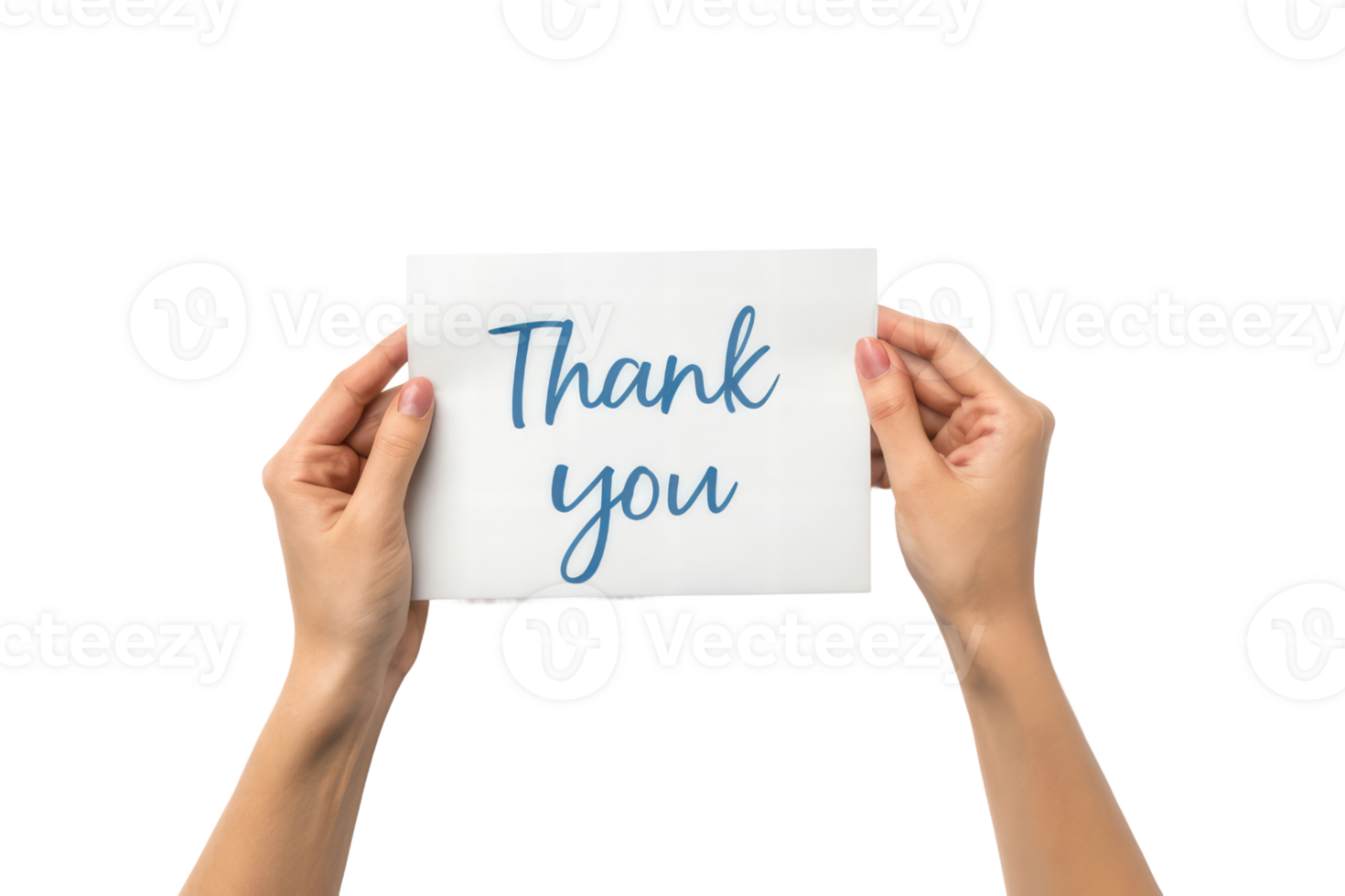 Hands holding a thank you card with blue text png