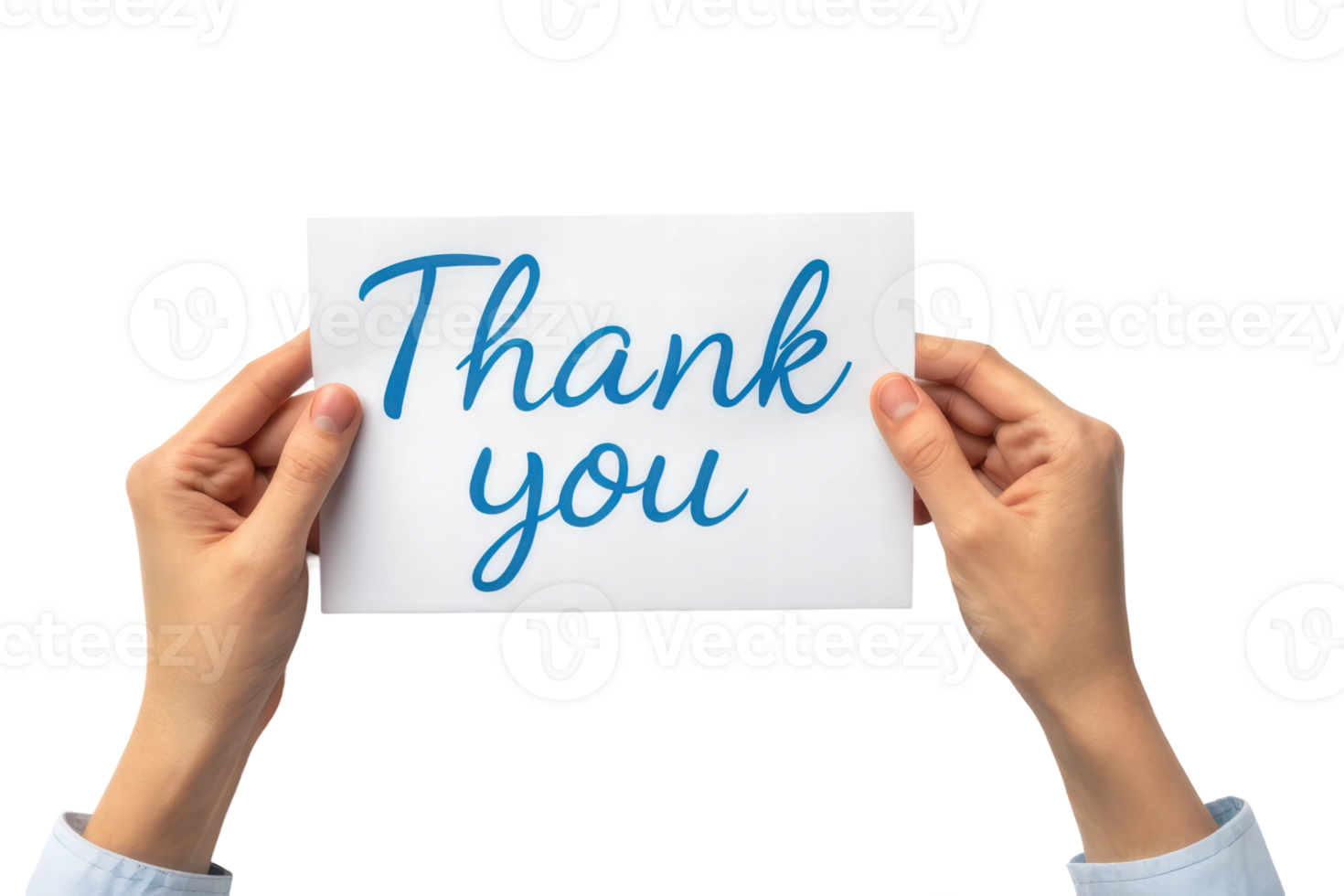 Hands with a thank you card on white png