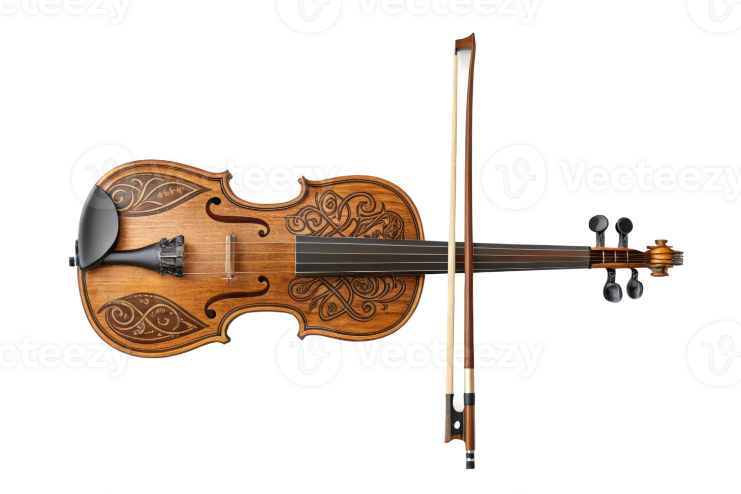 Beautiful wooden violin with ornate design and bow png