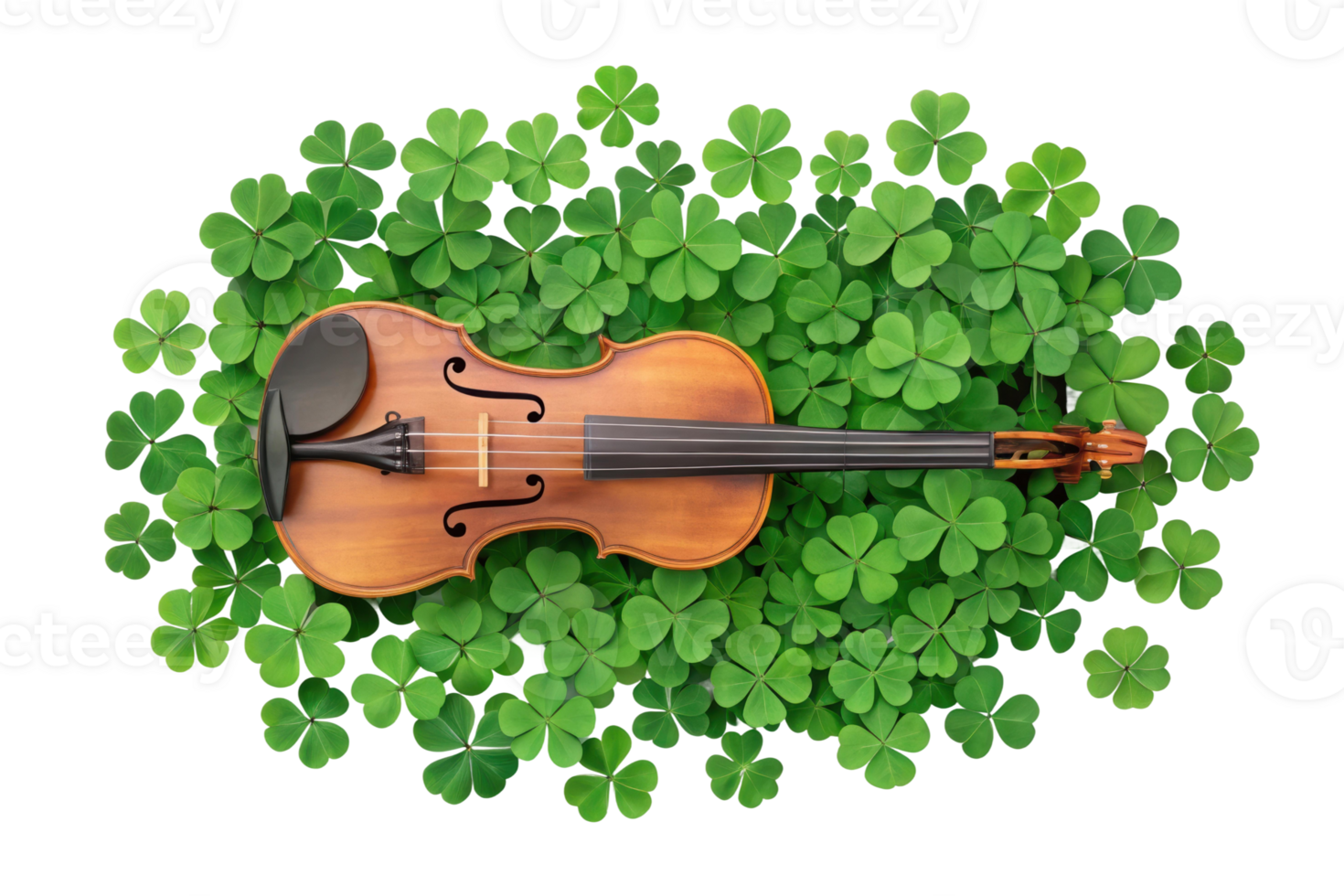 Violin among green clovers on white png