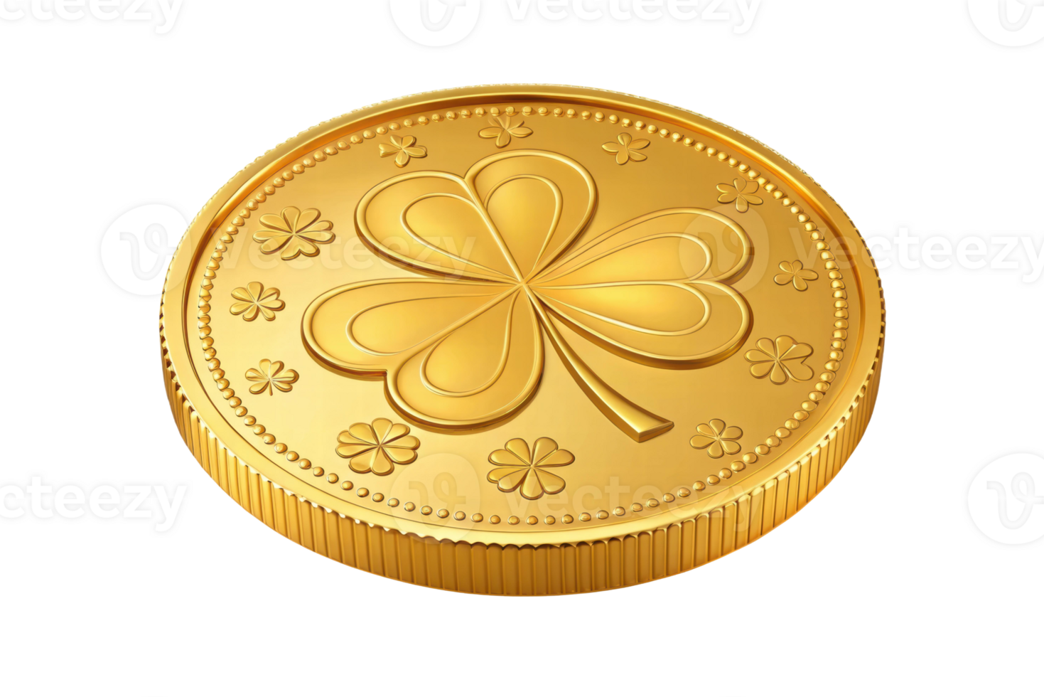 Shiny gold coin with a clover design on surface png