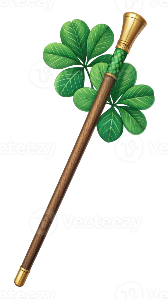 Magical walking stick with green leaves design png