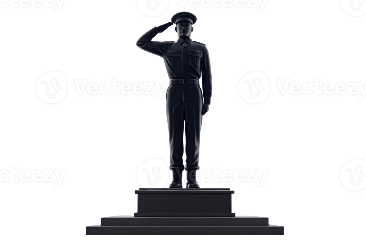 Black statue of soldier saluting in a public space png