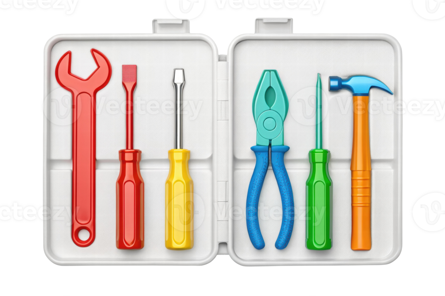Colorful toy tool set in open case for children png