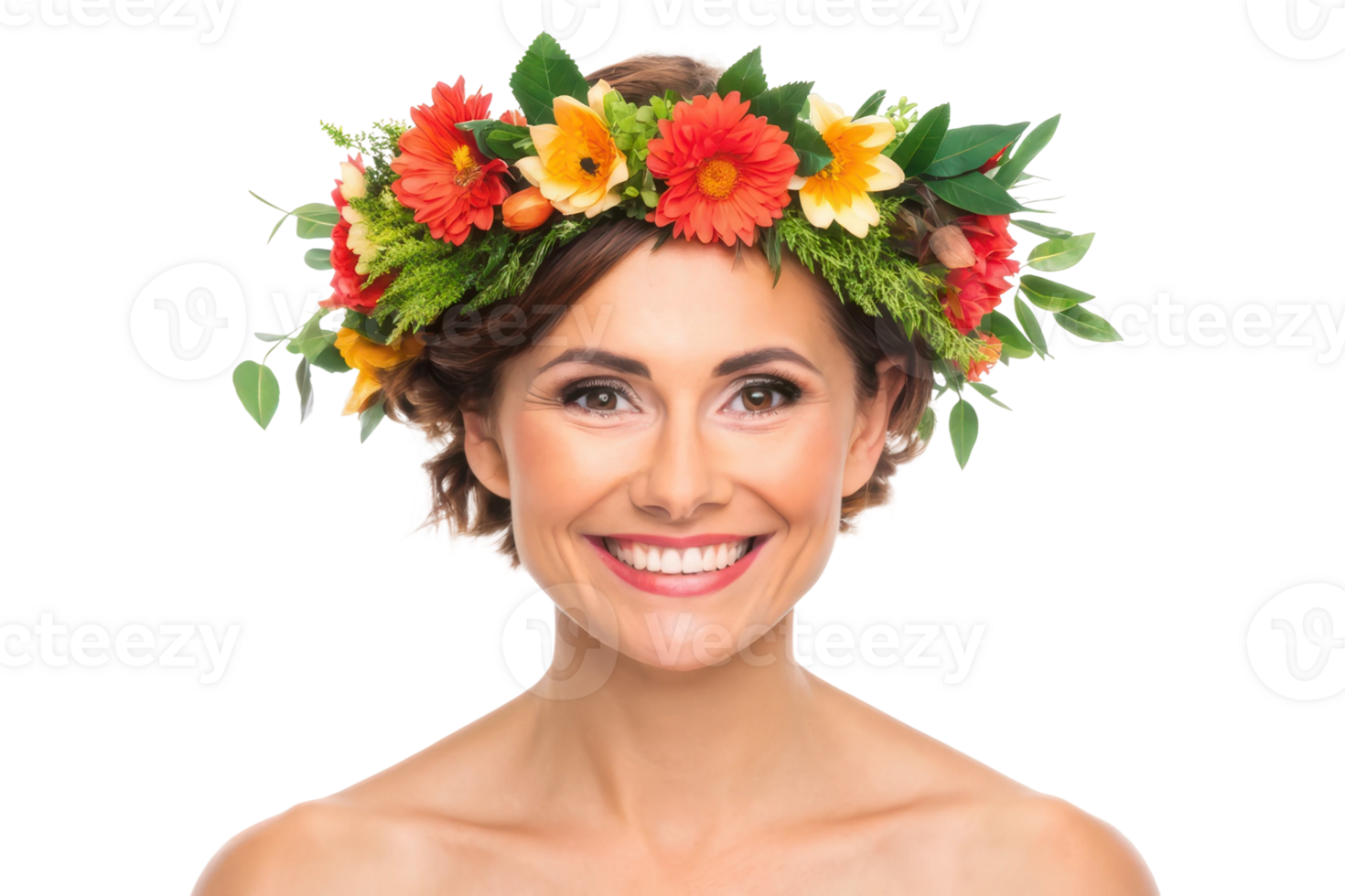 Smiling woman in vibrant flower crown png