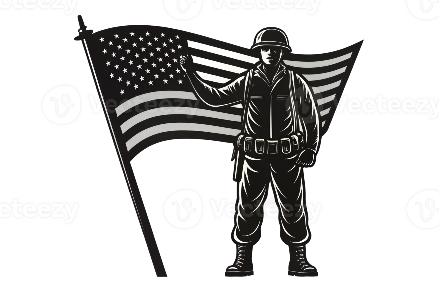 Soldier holding American flag in tribute scene png