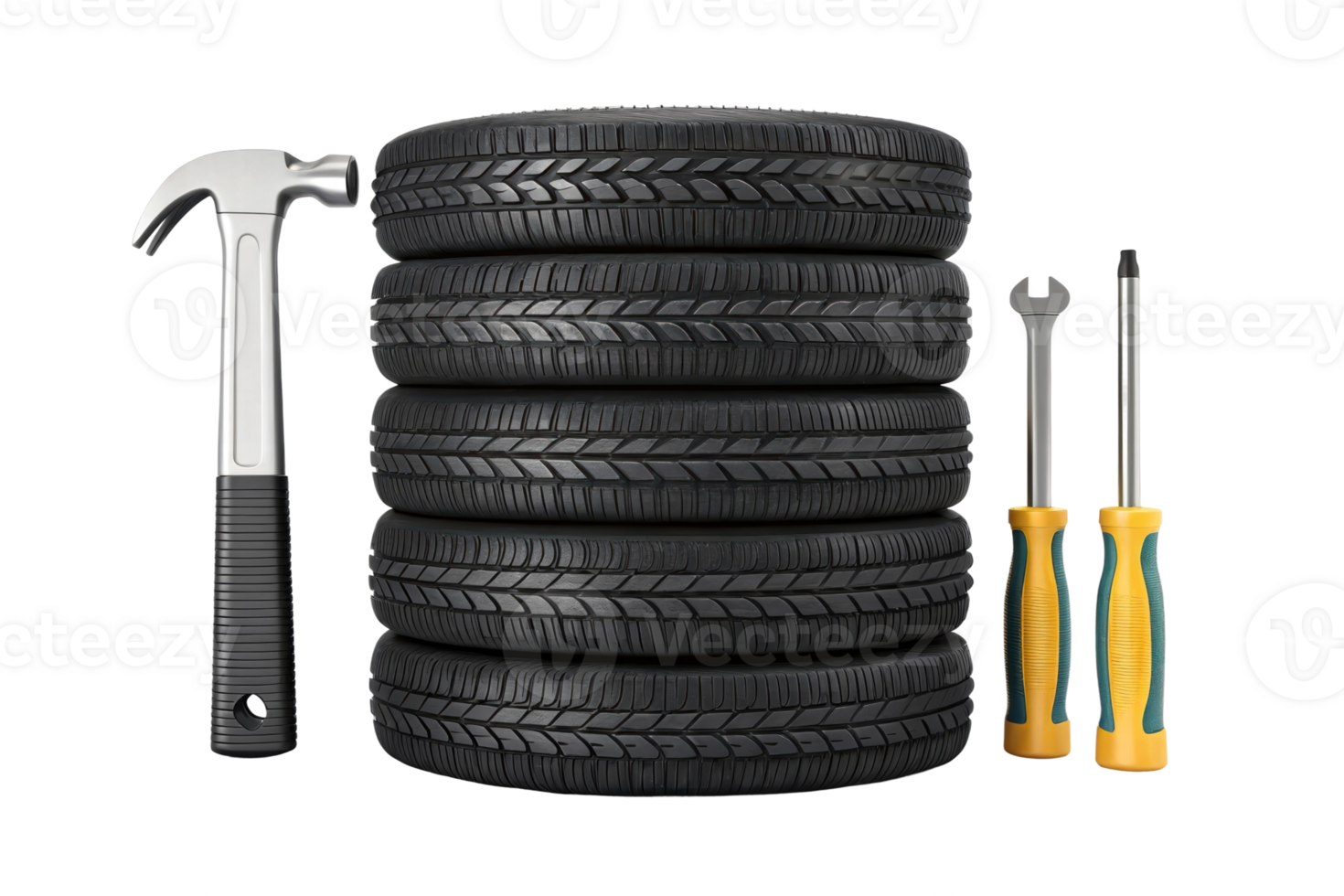 Tools and tires arranged for vehicle maintenance png