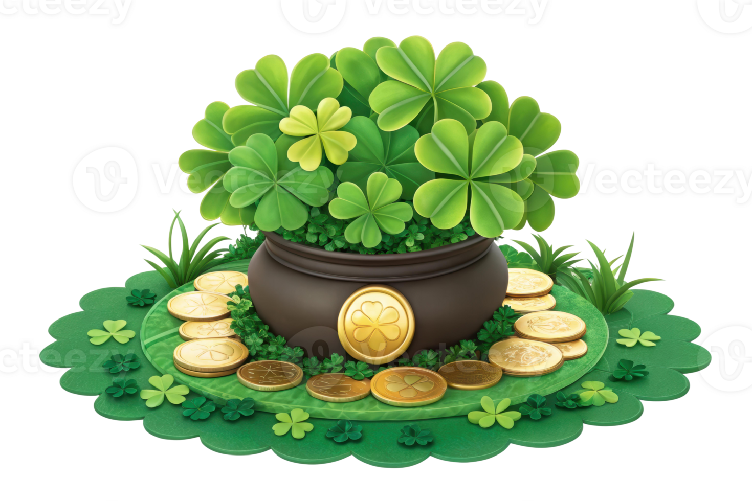 Pot of gold surrounded by shamrocks and coins png