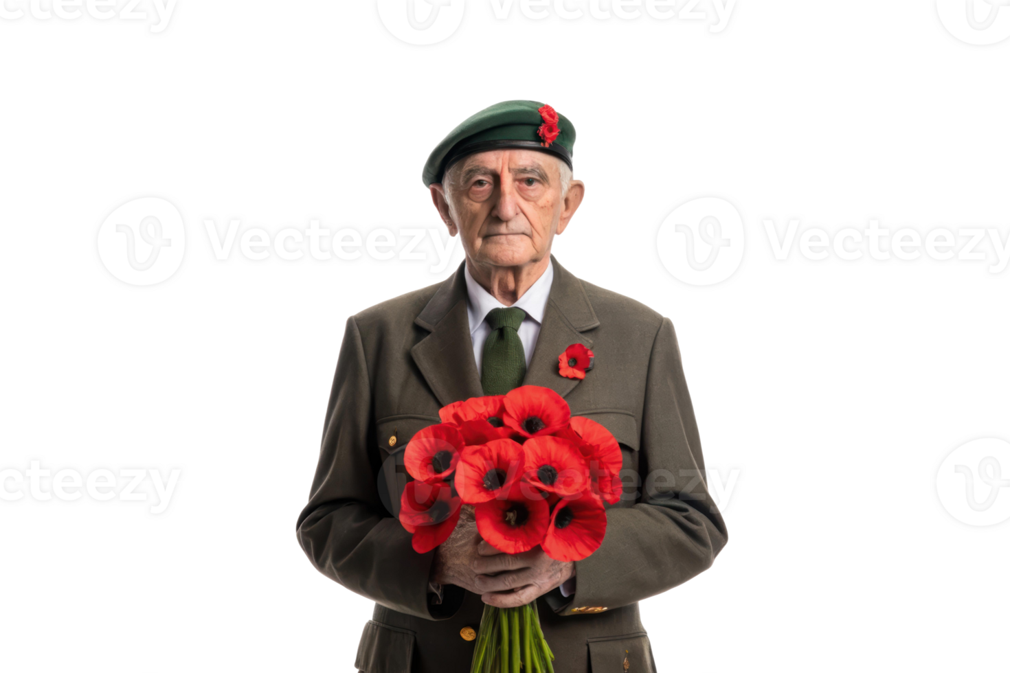 Veteran holds bouquet of red poppies with pride png