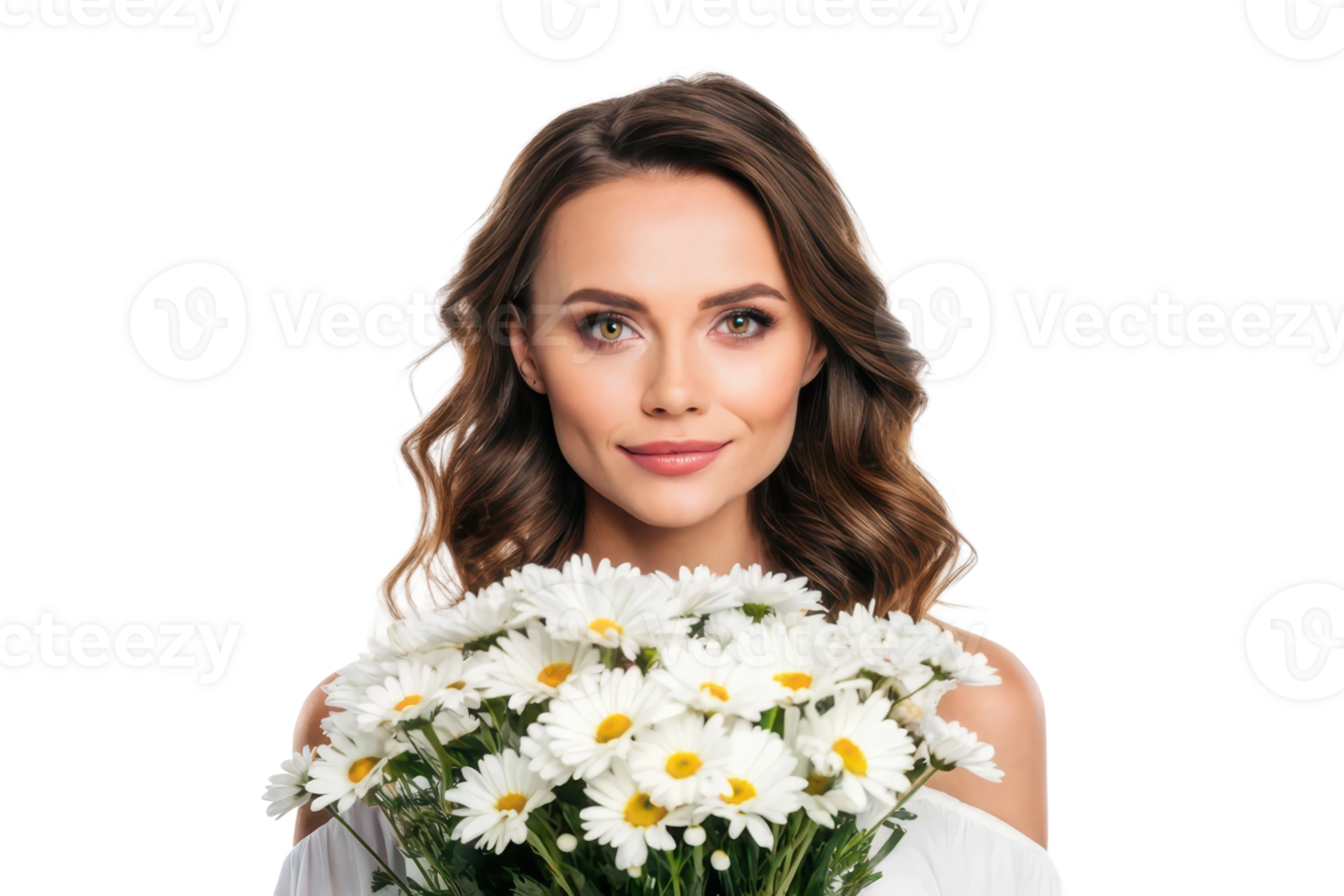 Woman holding daisies with a cheerful expression png