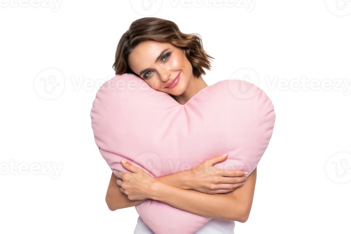 Woman hugging a large heart-shaped pillow joyfully png