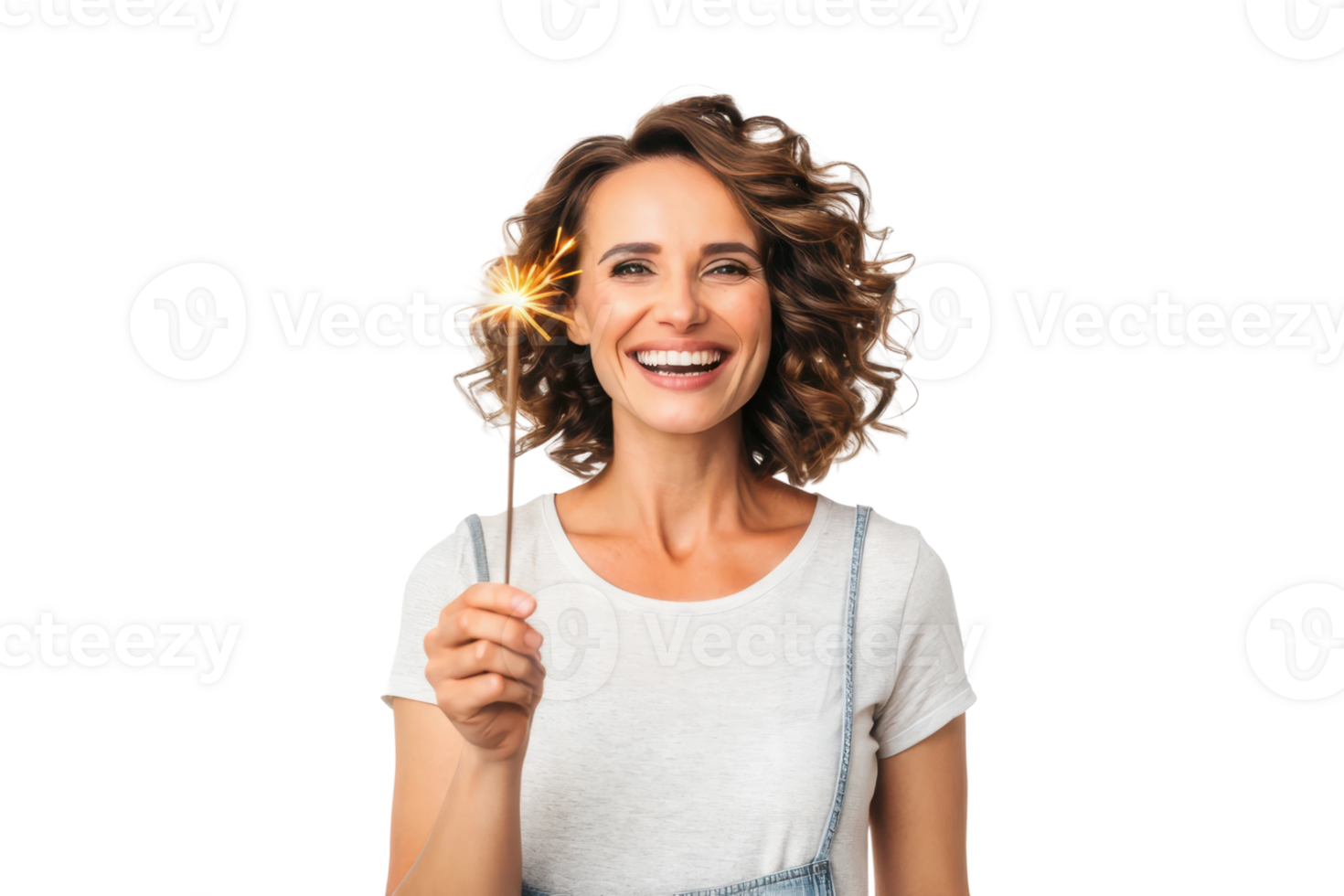 Woman celebrating joyfully with sparkler in hand png