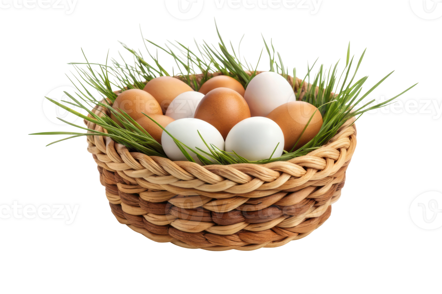 Fresh eggs in a woven basket with grass png