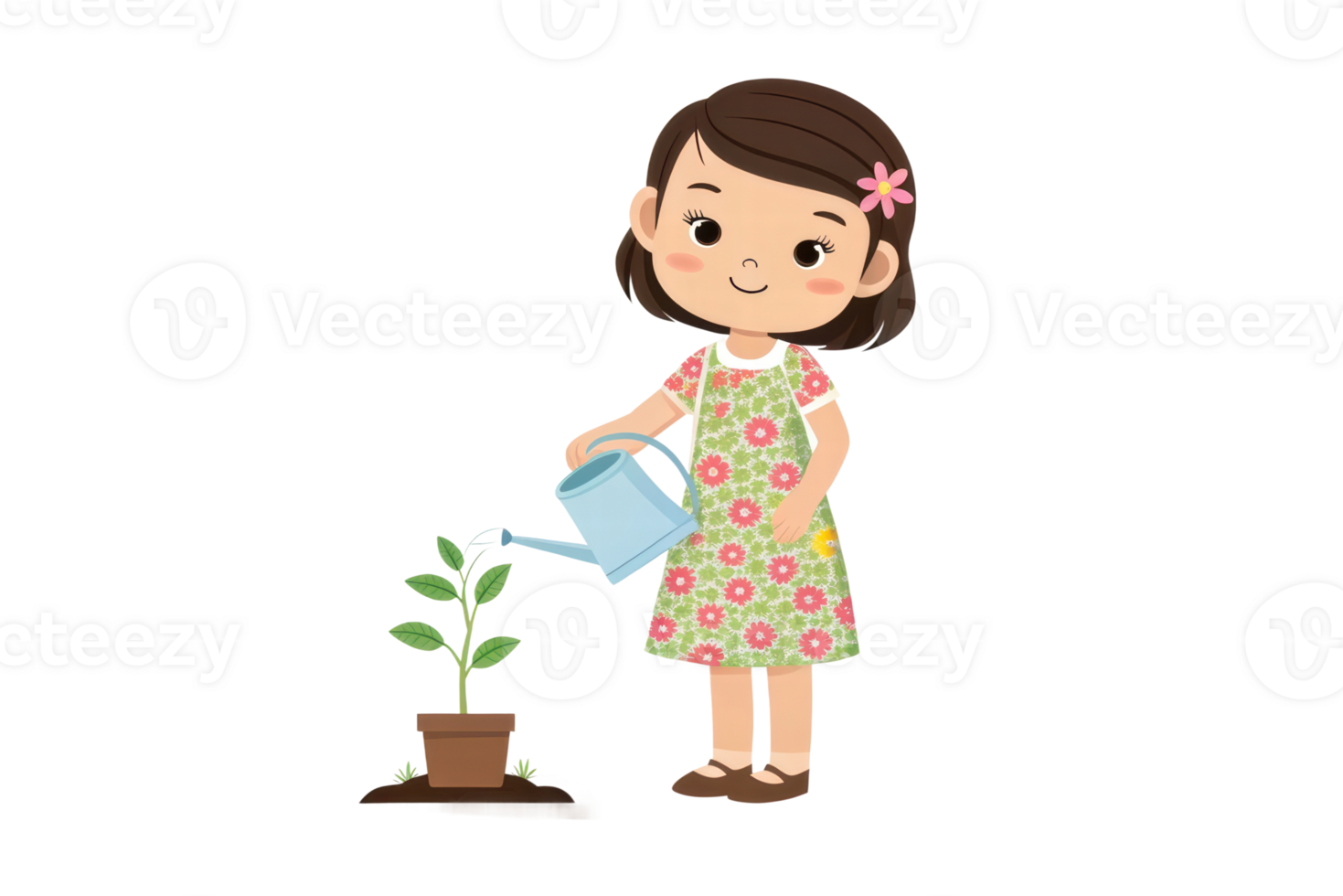 Young girl watering a plant in a garden png