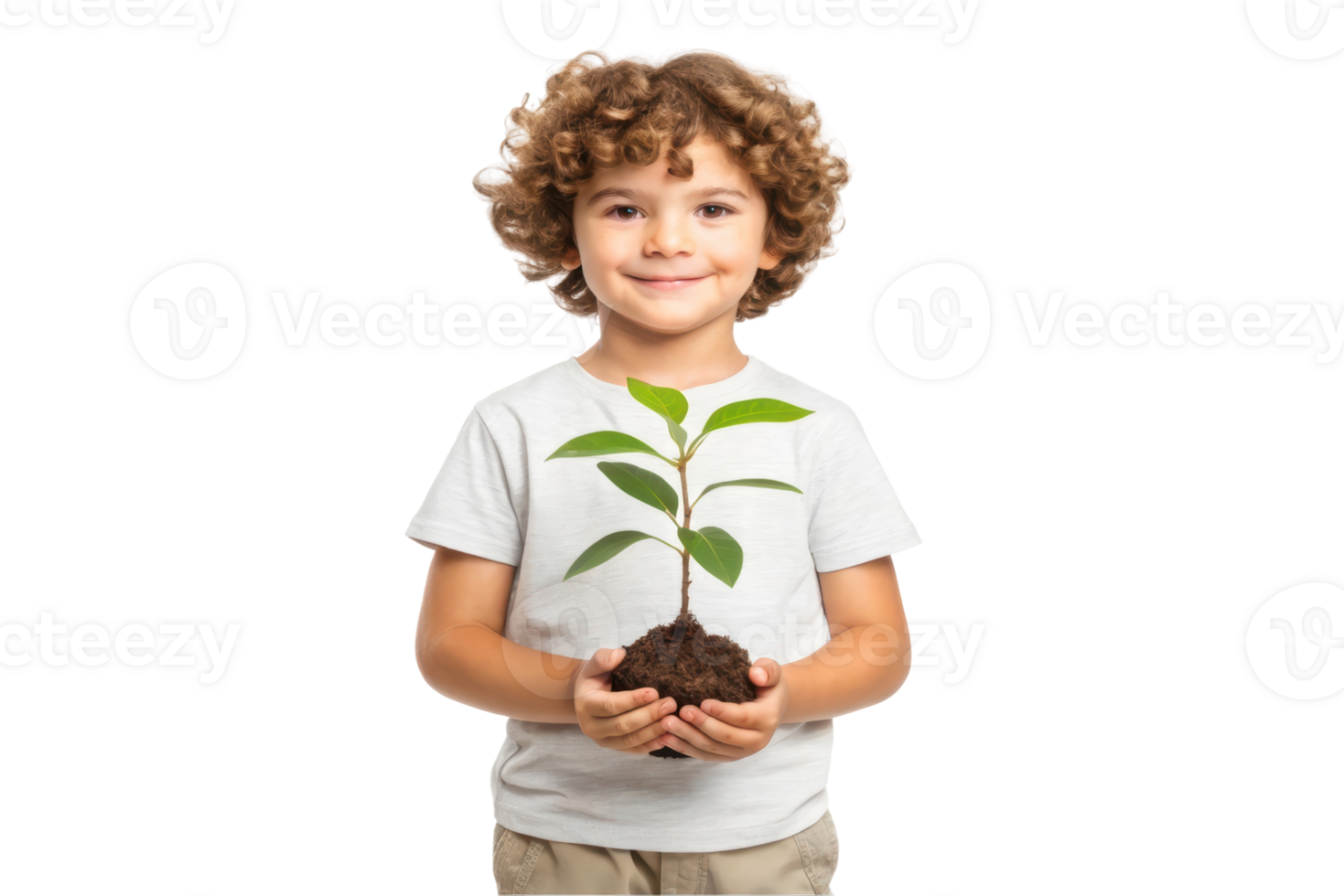 Child holds young plant with a smile at home png