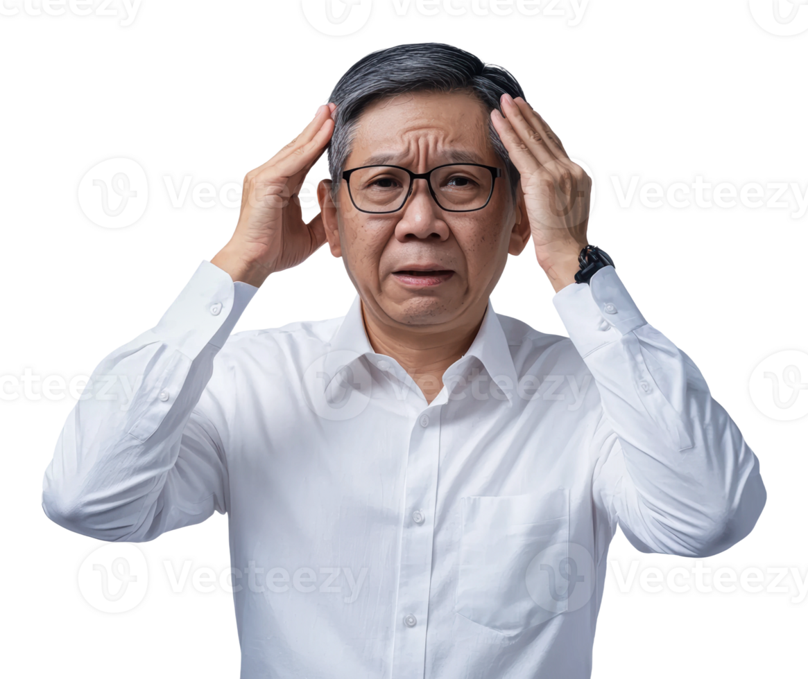 Stressed senior man in white shirt png