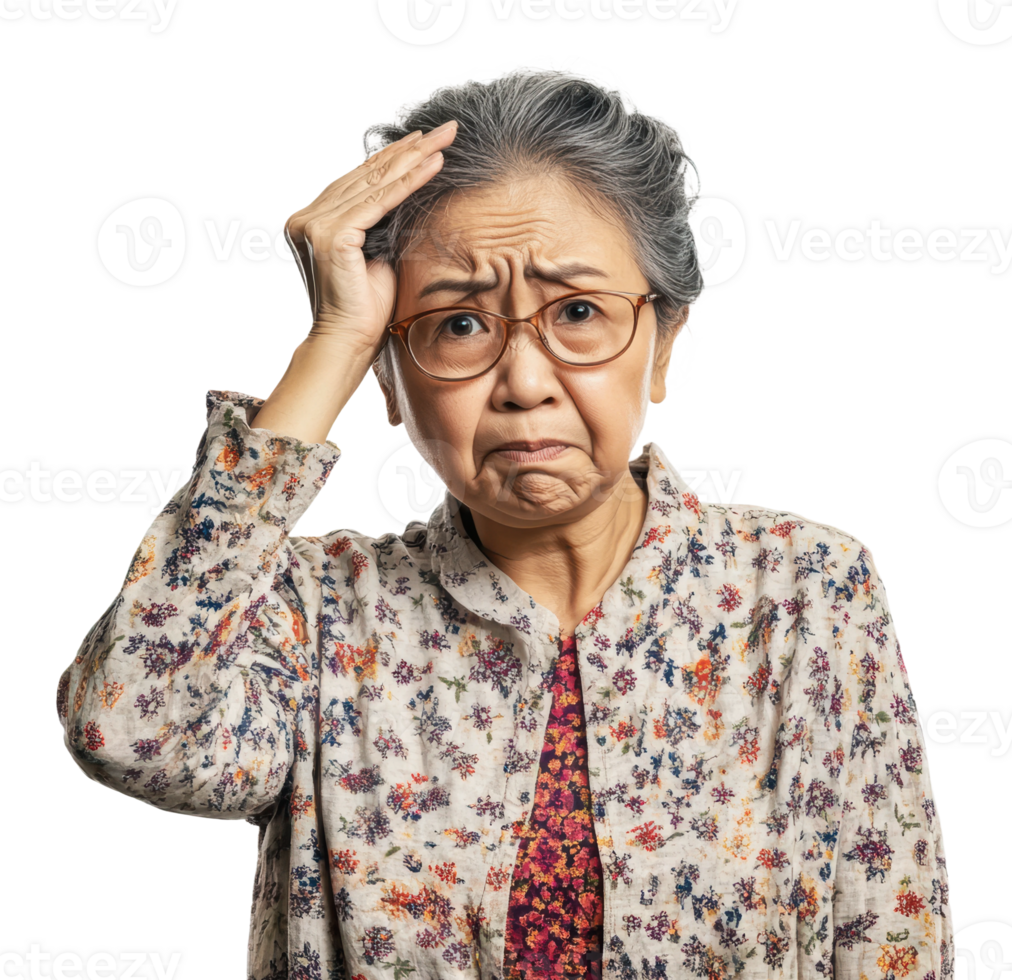 Worried elderly woman expressing concern png